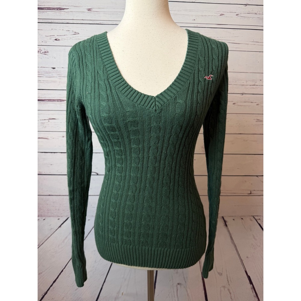 Hollister Cable Knit Sweater XS Green V-Neck Long Sleeve Extra Small NWT Y2K 90s